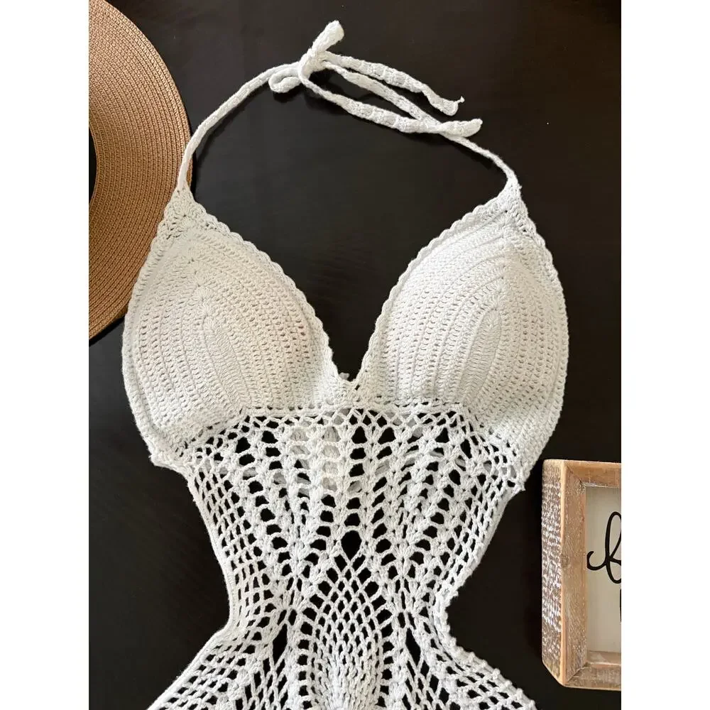 Crochet One Piece White Bathing Suit Size S-M - Picture 4 of 9